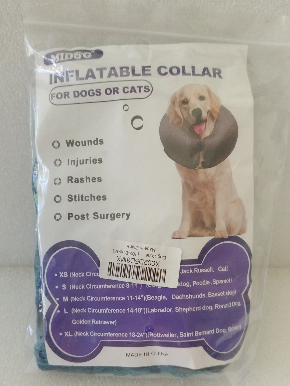 MIDOG branded inflatable protective collar designed for pets recovering